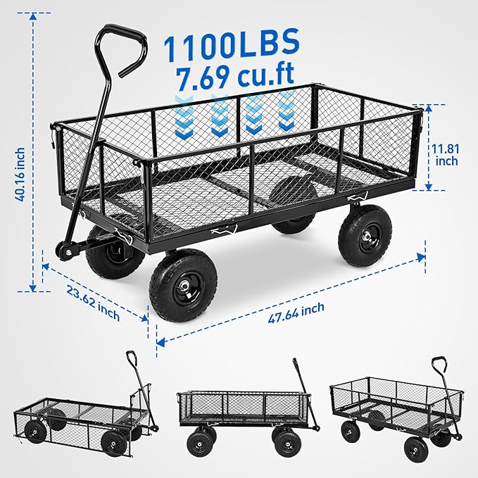 Yesker Steel Garden Carts - 1100lbs Dump Wagon with All Terrain Inflatable Wheels for Yard Lawn Farms Gardening - Heavy Duty Utility Outdoor Hauling Wheelbarrow