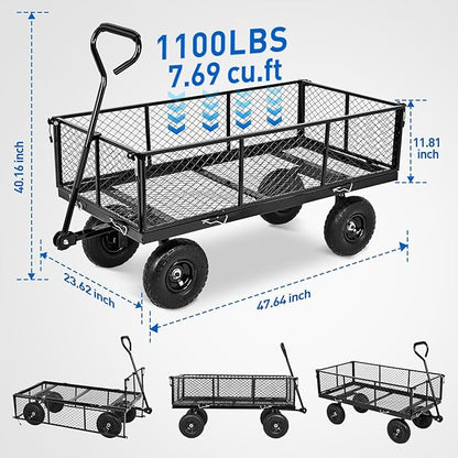 Yesker Steel Garden Carts - 1100lbs Dump Wagon with All Terrain Inflatable Wheels for Yard Lawn Farms Gardening - Heavy Duty Utility Outdoor Hauling Wheelbarrow