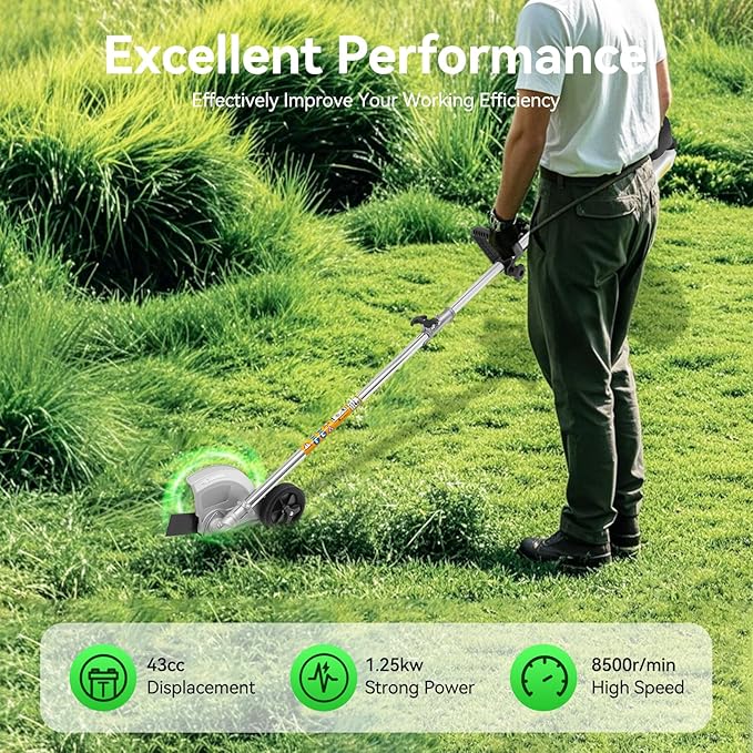 43CC Weed Wacker, 1.25kW Gasoline Grass Trimmer, 8500R/Min Lawn Brush Cutter, 2-Stroke Garden Mower with Grass Baffle & Funnel for Lawn Pond Side Weed Removal Landscaping