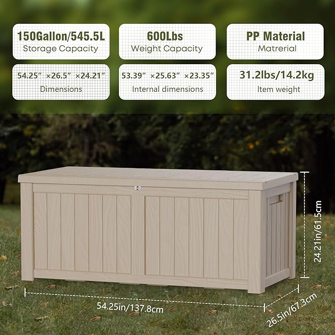 TARKARI 150 Gallon Lockable Resin Deck Box, Waterproof & UV-Resistant Outdoor Storage Box for Outdoor Cushion Storage, Garden Tools & Pool Accessories Storage, Gray