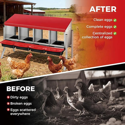 Chicken Nesting Boxes with Rollout Egg Collection – 4-Compartment Metal Hen Nest Box with Removable Trays, Slanted Roof & Ventilation, Wall Mount or Standing for Backyard Poultry Coop, Red