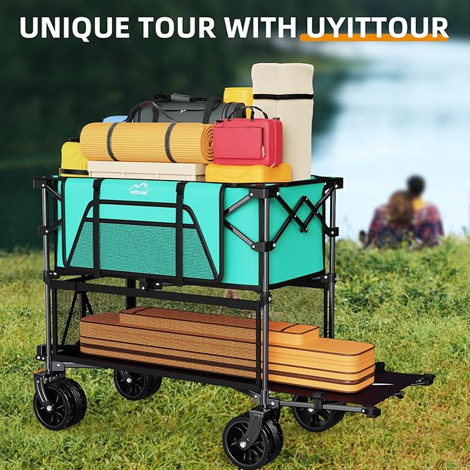 Foldable 50''L Extra Long Double Decker Wagon for Sport, 400L Collapsible Heavy Duty Wagon Cart with Big Wheels, Utility All-Terrain Large Extender Cart for Outdoors, Light Blue