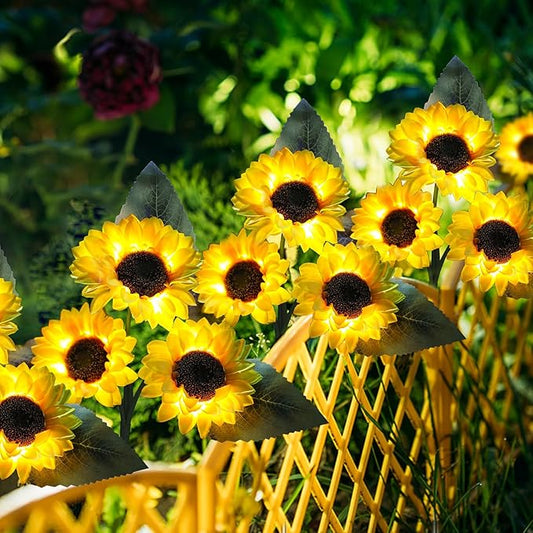 ANGMLN Solar Sunflower Outdoor Garden Lights, 4 Pack with 12 Sunflower Waterproof Garden Decor, Gifts for Mom Grandma, Waterproof Decorative Lights for Pathways Patios and Yards Decorations