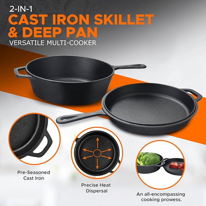 KICHLY Combo Cooker Cast Iron Dutch Oven with Lid 2 in1, PFAS Free Pre-seasoned Multi Cookware Skillet, 3.2QT Cast Iron Pan Dutch Oven Deep Pot with Frying Pan 10.25 Inch, Grill Induction Stovetop Camping