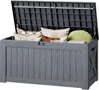 130 Gallon Deck Box Outdoor Indoor Waterproof Storage Box for Patio Furniture, Pool Accessories, Garden Tools, and Cushion Storage, Gray