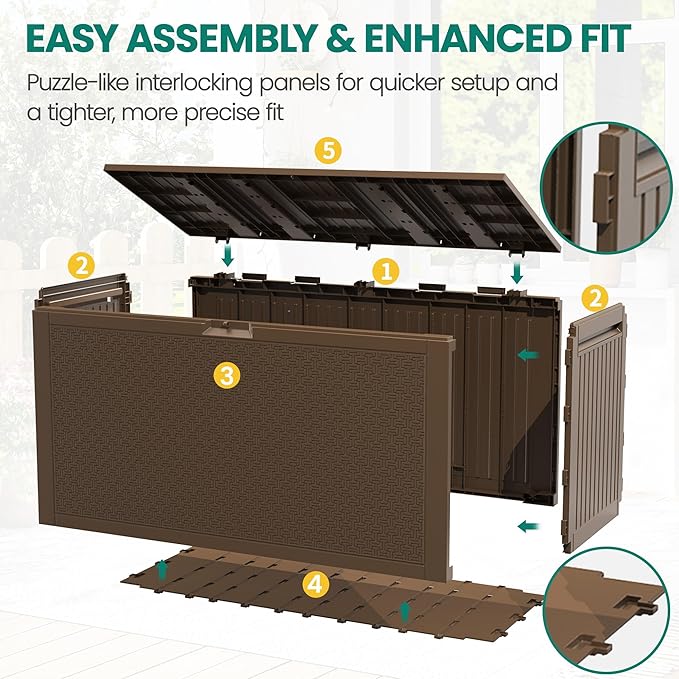 90 Gallon Outdoor Deck Box, Waterproof Outdoor Storage Box, Durable Resin Bin for Patio Cushions, Garden Tools and Pool Accessories, Lockable with UV Protection, Brown, Patio Furniture