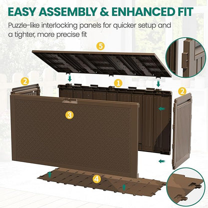90 Gallon Outdoor Deck Box, Waterproof Outdoor Storage Box, Durable Resin Bin for Patio Cushions, Garden Tools and Pool Accessories, Lockable with UV Protection, Brown, Patio Furniture