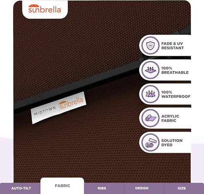 Midtown Umbrellas Sunbrella Umbrella 8 Feet Outdoor Umbrella With Sunbrella Bay Brown Acrylic Fabric - Auto-Tilt Aluminum Frame Patio Umbrella For Backyard, Deck, Garden, Pool - Black Pole
