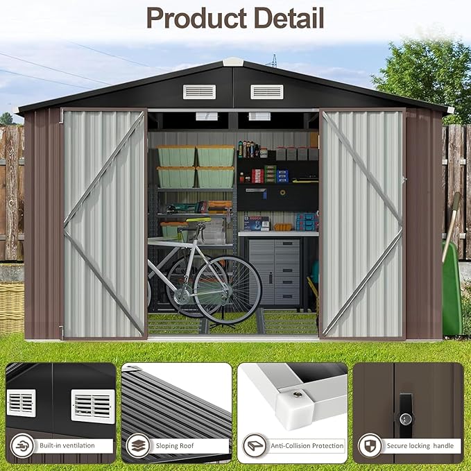 Aoxun 9.4x7.3x6.5 FT Outdoor Metal Storage Shed with Lockable Door- Ideal for Tools, Garden Equipment & Bikes, Includes Base, Perfect for Patio Placement