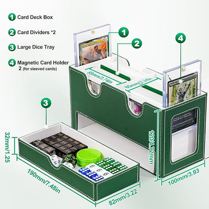 Card Deck Box for MTG, Double Card Storage Box with 2 Commander Display & 1 Dice Tray, Fits 200+ Double Sleeved Cards, Organizer for CCG TCG Sports Cards (Green White)