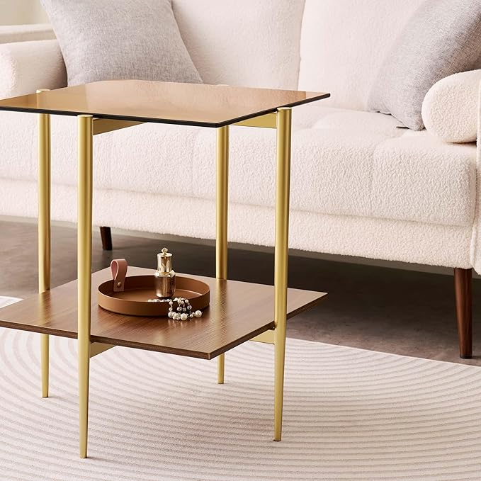 Glass End Table, Mid-Century Modern Design Sofa Table, L41 x W21 x H17, for Living Room, 2-Tier Structure, Clear Glass Top and Walnut MDF Shelf, Sleek Conical Metal Legs with Gold Finish Frame