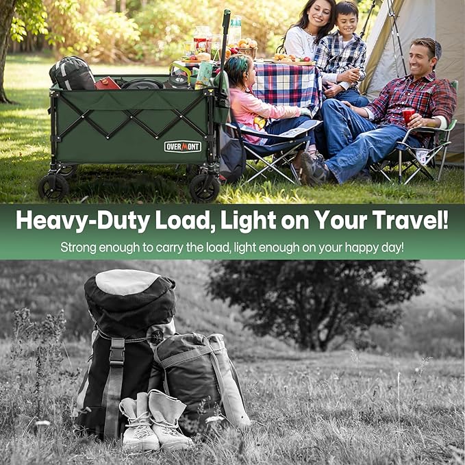 Overmont Ultra-Compact Collapsible Wagon Cart - 200L Portable Folding Wagon with All-Terrain Wheels Utility for Beach, Grocery Shopping, Camping, and Gardening – 330lbs Load Capacity Green