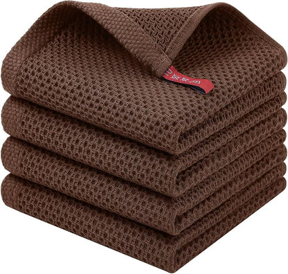 Homaxy 100% Cotton Waffle Weave Kitchen Dish Cloths, 4-Pack, Coffee | 12 x 12 Inches, Ultra Soft Absorbent Dish Towels, Quick Drying Dish Rags with Hanging Loop