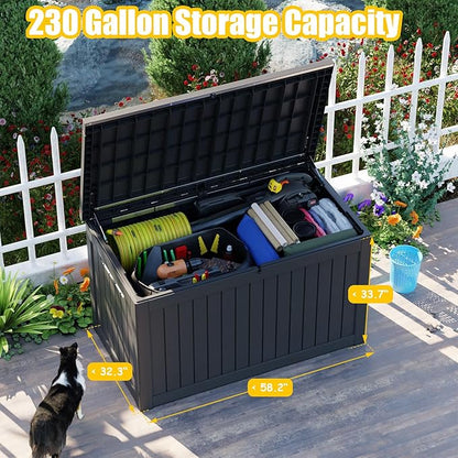 XXL 230 Gallon Large Resin Deck Box, Lockable Outdoor Storage Box for Patio Cushions Storage Furniture,Garden Tools, Pool Supplies, Weatherproof and UV Resistant- Black (230 Gallon)