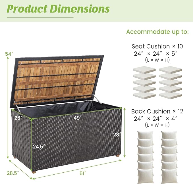 HAPPYGRILL 134 Gallon Rattan Deck Box, Patio Wicker Storage Box with Zippered Liner, Solid Acacia Wood Top & Feet, Effort-Saving Pneumatic Rod, Outdoor Storage Container for Porch Backyard