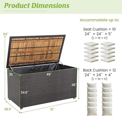 HAPPYGRILL 134 Gallon Rattan Deck Box, Patio Wicker Storage Box with Zippered Liner, Solid Acacia Wood Top & Feet, Effort-Saving Pneumatic Rod, Outdoor Storage Container for Porch Backyard
