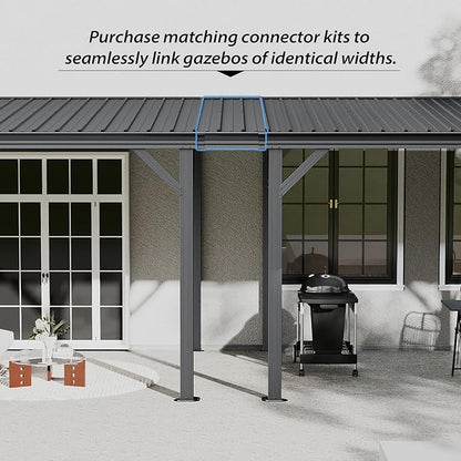 Domi 8'x8' Lean to Gazebo Hardtop, Expandable Wall Mounted Pergola with Gutters & Galvanized Steel Roof, 60MPH Wind Resistance, Outdoor Metal Heavy Duty Metal Awning for Patio, Deck, Backyard - Grey