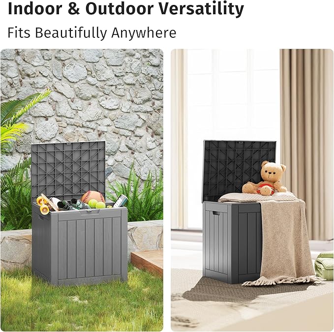 EAST OAK Outdoor Storage Box, 31 Gallon Deck Box Indoor and Outdoor Use, Waterproof Resin Storage Bin for Package Delivery, Patio Cushions, Gardening Tools, Lockable, UV Resistant, Grey