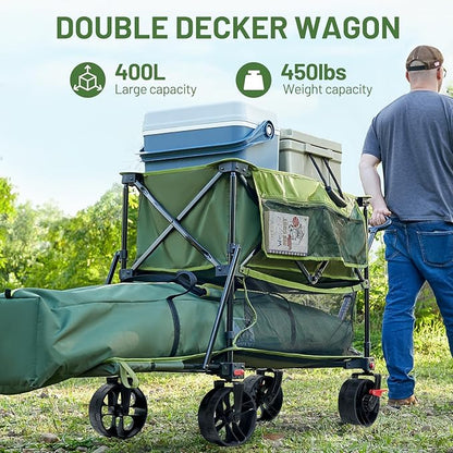 TIMBER RIDGE 400L Large Capacity Folding Double Decker Wagon with Brakes, 54" Extra Long Extender Wagon Cart, 450lbs Heavy Duty Collapsible Cart, All-Terrain Big Wheels for Camping, Sports, Shopping