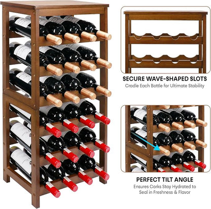 Wine Rack Free Standing Floor, 6-Tier 24 Bottles Display Wine Storage Shelves with Table Top, Easy-Assembly Freestanding Bamboo Wine Racks for Kitchen Dining Room Bar, Walnut