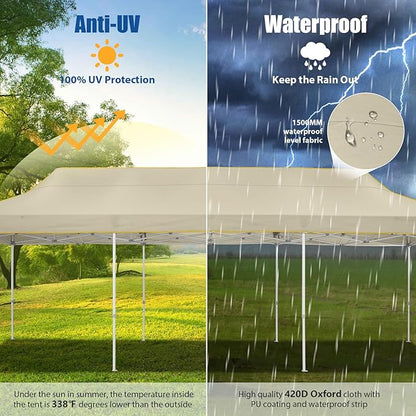 HOTEEL 10x30 Pop up Canopy Tent for Parties, Heavy Duty Easy Setup Tent Without Sidewalls, Outdoor Commercial Instant Gazebo for Wedding Event, with Portable Bag, Khaki(Hexagonal Frame)