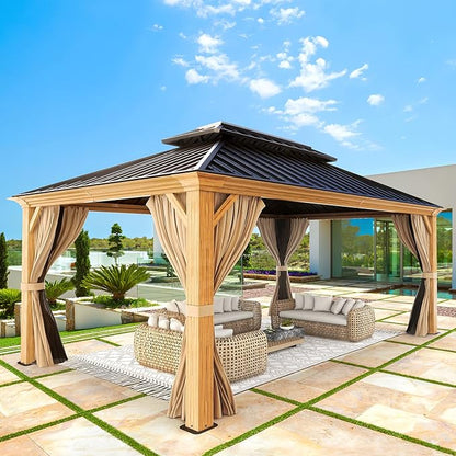 YOLENY 12'x16' Hardtop Gazebo, Wood Grain Aluminum Frame Outdoor Gazebo with Double Galvanized Steel Roof, Permanent Metal Pavilion with Curtains and Nettings for Patio, Backyard, Deck and Lawns