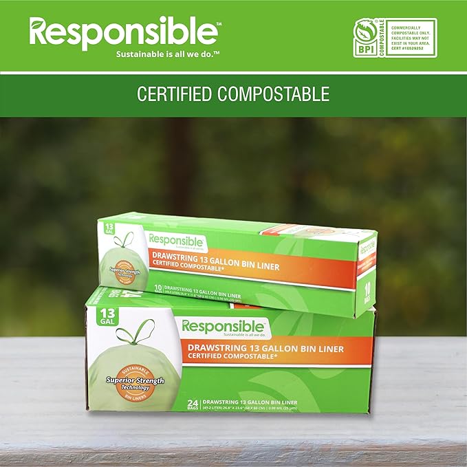 Responsible Products Kitchen Bin Liners, Certified Compostable, Heavy Duty Multipurpose Food Scrap Bags, Made from Compostable Materials (13 Gallon Drawstring, 13 Gallon (24 Count))