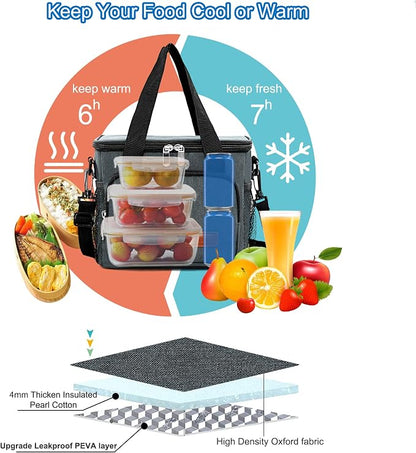 Lunch Bags for Women/Men, Insulated Lunch Bag for Work Office Picnic - Lunch Cooler Bag Leakproof Lunch Box with Adjustable Shoulder Strap - Charcoal