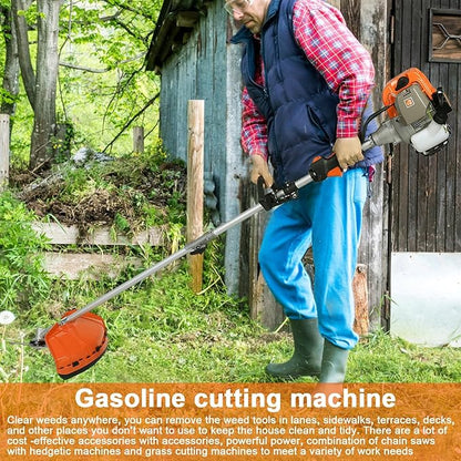 2025 New Gas Weed Wacker - 52cc 2-Stroke 5 in 1 Multi-Functional Lawn Mower Hedge Trimmer Pruners Gas Powered Brush Cutter, Handheld Weed Eater for Garden and Yard Lawn Orange