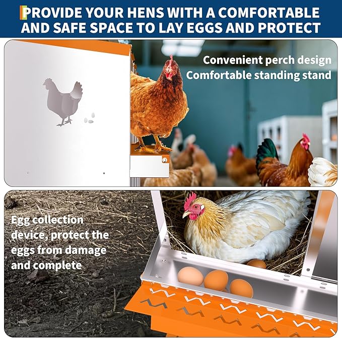 10 Compartment Metal Chicken Nesting Box, Automatic Roll-Out Egg Collection, Waterproof Galvanized Steel Laying Box, for Hens Ducks Rabbits, Orange