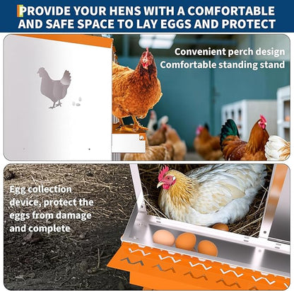 10 Compartment Metal Chicken Nesting Box, Automatic Roll-Out Egg Collection, Waterproof Galvanized Steel Laying Box, for Hens Ducks Rabbits, Orange