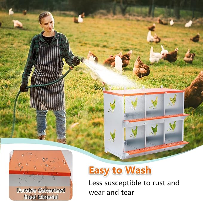 6 Bay Orange Metal Nesting Box, Wall Mount Chicken Nest for Hens & Ducks, Heavy Duty Galvanized Steel with Hen-Shaped Vents & Coconut Fiber Pad, Easy Assembly (Orange/Silver)