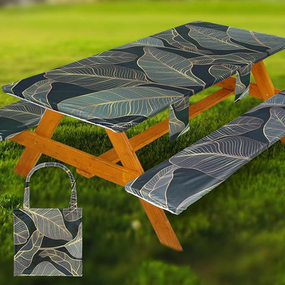 Wrakus Picnic Table Cover with Bench Covers Vinyl Elastic Edges Fitted Rectangle Seat Tables Waterproof 3-Piece96X30in Set Outdoor Rectangular Folding Backing Tablecloth for Camping Over Size