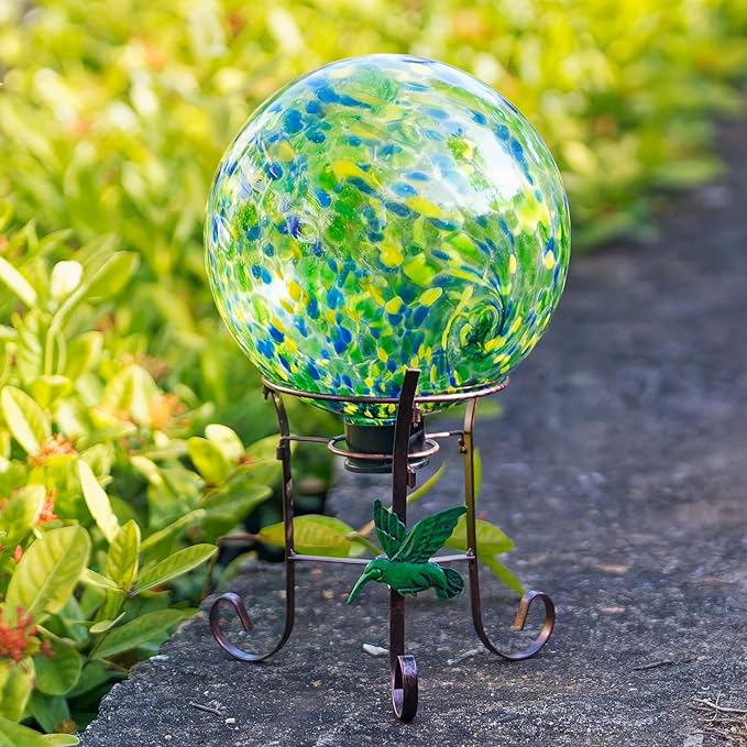 10 Inch Glass Gazing Ball, with 9.4" Tall Metal Gazing Globe Stand, Glass Balls Display Holder Set for Outdoor Garden Lawn Yard Decoration, Bright Summer Burst