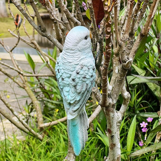 Realistic Parrot Sculpture Resin Hanging Parrots Garden Statues Lifelike Bird Figurines Landscape Ornament Patio Yard Lawn Figurine Tree Decor, Outdoor Garden Wall Statues (Bluewhite)