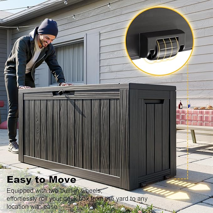 ROJIK Outdoor Storage Housing Deck Box - Waterproof Patio Furniture, Garden Tools, Cushions, Pool Accessories Storage Bench with Lockable Lid and Side Handles (Black 78 Gal)