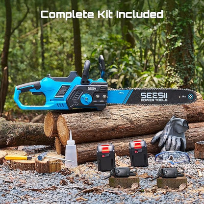 SEESII 40V 16-Inch Cordless Chainsaw: Brushless Electric Chain Saws with 2×4.0Ah Batteries & Charger, Tool-Free Chain Tension, Auto Oiling, for Tree Trimming, Wood Cutting, Yard Work