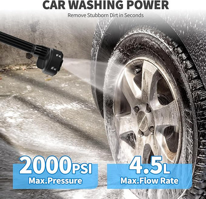 Cordless Pressure Washer 2000 PSI Portable Power Washer Kit with 6-in-1 Adjustable Spray Nozzle Dual 21V 8000mAh Batteries Foam Pot for Car Garden Patio Driveway Outdoor Cleaning