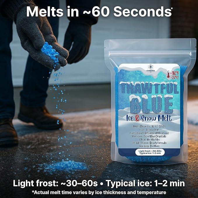 Thawtful Blue Ice & Snow Melt – Snow Melt, Rock Salt, Driveway & Sidewalk Salt for Ice, Blue Granular Rock Salt, Melts to −16°F (−27°C) – Resealable Zip Bag (4 QUARTS - 8.5 lb.)