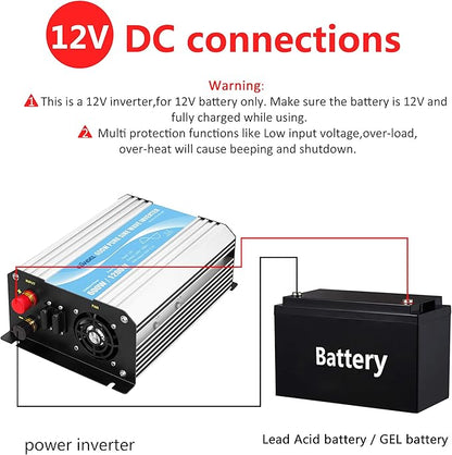 GIANDEL Power Inverter Pure Sine Wave 600Watt 12V DC to 120V AC with Remote Control Dual AC Outlets ETL Listed UL458 Standard for Small Solar System Outdoor Emergency