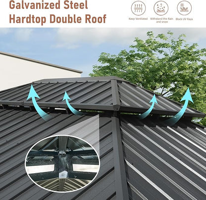 Domi Hardtop Gazebo 12x16FT, Aluminum Outdoor Gazebo with Galvanized Steel Double Roof Canopy, Curtains and Netting Included, Metal Gazebo Permanent Pavilion for Patio, Lawn, Garden, Gray