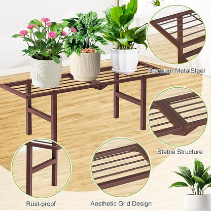 2 Pack Metal Plant Stand Outdoor Indoor, 1 Tier Folding Tiered Corner Flower Display Holder Shelf, Stackable Heavy Duty Multiple Plant Rack for Windowsills Patios Balconies, Brown