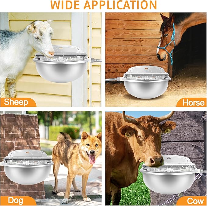 MYFAMIREA Automatic Animal Drinking Water Bowl Stainless Steel Waterer Feeder Farm Dog Dispenser Kit Self Filling for Livestock Horse Goat Water Trough with Float Valve Drain Hole Hose Adapter Bolts