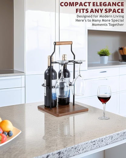 Countertop Wine Rack and Glass Holder | Portable Wine Caddy Holds 2 Bottles & 2 Glasses | Small Wine Rack with Wood Base, Perfect for Tabletop Wine Storage & Home Bar Decor (Black)