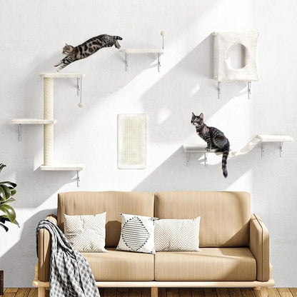 NUNU LAB Cat Wall Shelves Set, 5 Pcs Wall-Mounted Cat Climber with Cat House, Bridge, Scratching Post, Hammock, Wall Shelves, Beige