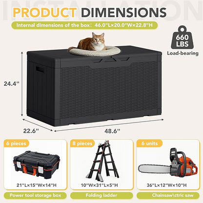 Greesum 100 Gallon Resin Deck Box Lockable Large Outdoor Storage Boxes for Garden Tools, Patio Furniture Cushions, Pool Supplies, Black