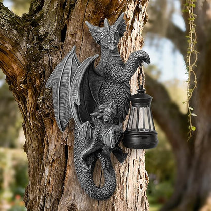 Solar Garden Decor Dragon Tree Hugger Garden Statues Lawn Ornaments for Outside Balcony Yard Whimsical Art Outdoor,Medieval Fantasy Halloween Decor
