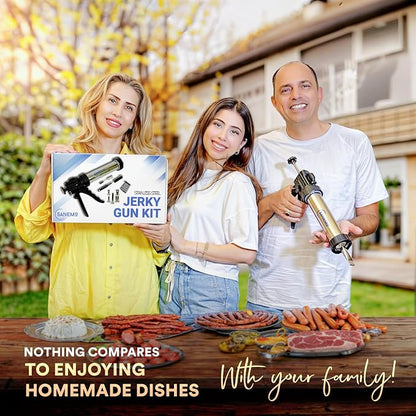 SANEMO Large Capacity Jerky Gun for Ground Meat - Easy to Use/Clean 1.5 LB Sausage Gun & Beef Jerky Maker Kit with 5 Stainless Steel Nozzles, 2 Cleaning Brushes, and 1 Mesh Bag for Easy Carrying.