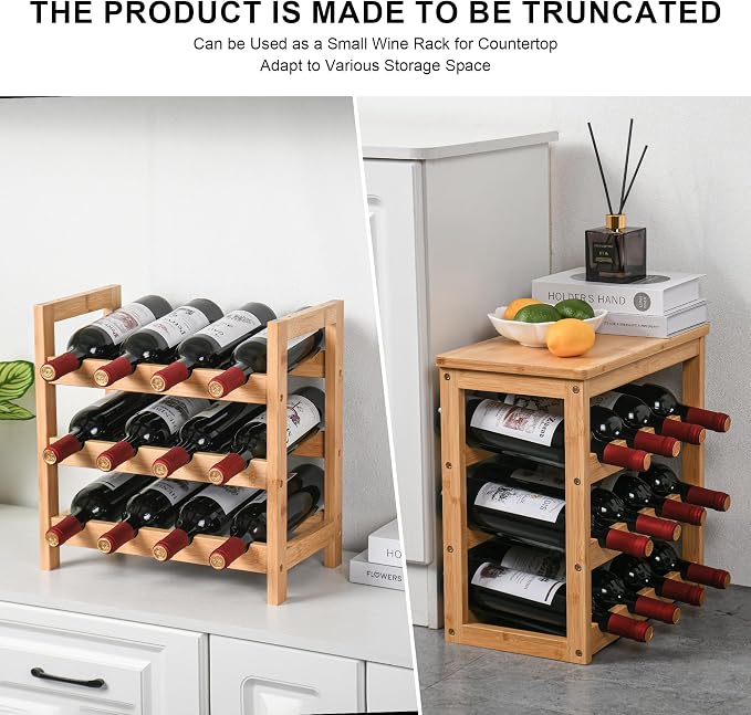 VASMIA Wine Rack Free Standing Floor, 6-Tier Display Wine Storage Shelves with Table Top, 24-Bottle Bamboo Wine Rack Shelf for Kitchen Bar Dining Room Living Room, Natural