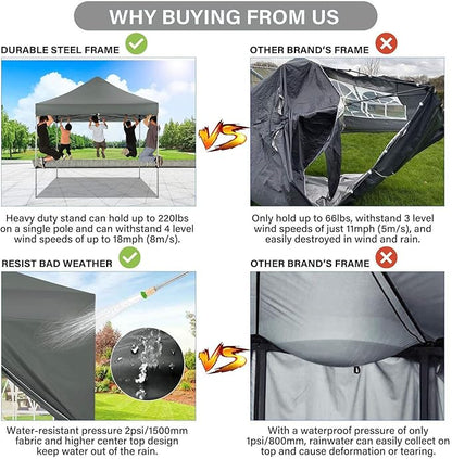 COBIZI 10x10 Pop Up Canopy with 4 Sidewall,Heavy Duty Canopy UPF 50+ All Season Wind Waterproof Commercial Outdoor Wedding Party Tents for Parties Canopy Gazebo with Roller Bag(10 x 10 ft Gray)